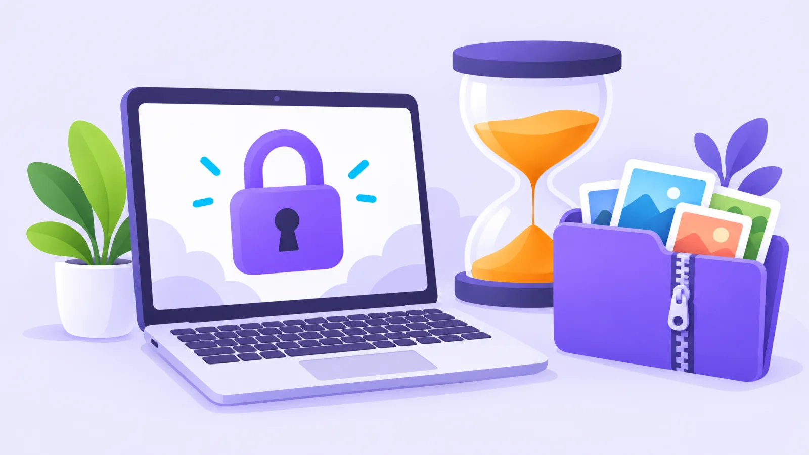 A laptop with a padlock and a small hourglass beside a zipped folder of photos