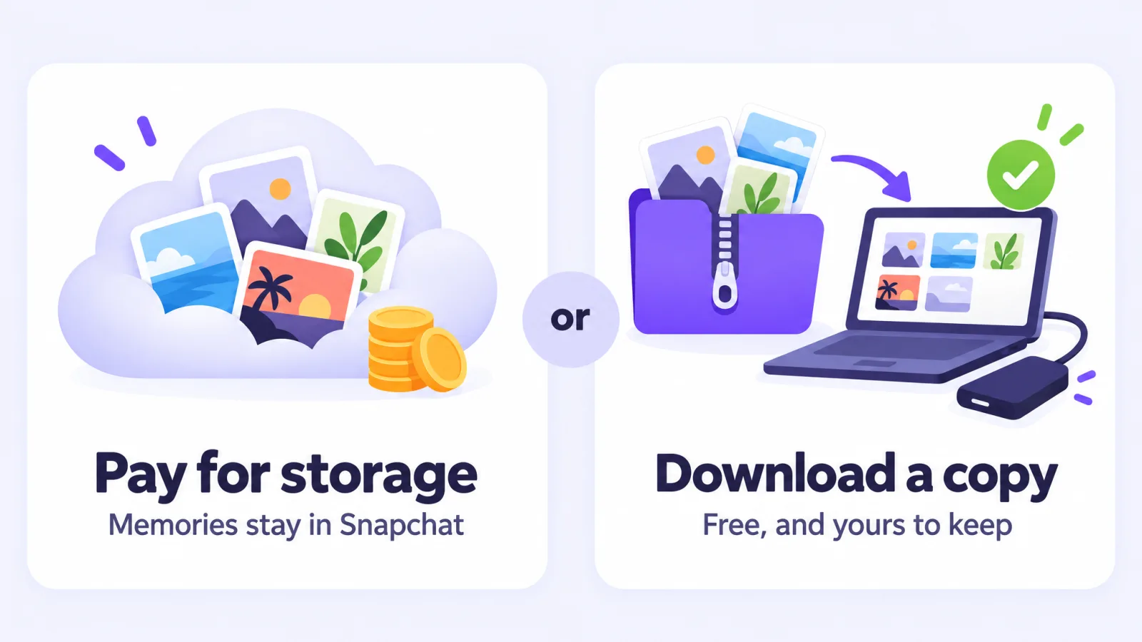 Two options: pay for storage and everything stays in Snapchat, or download a free copy that stays with you